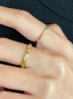 MAGICBOXACC简约精致彩虹色镶钻超细镀金钛钢叠戴戒指高保色指环