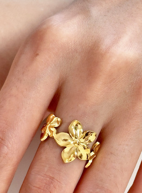 MAGICBOXACC欧美简约复古花朵开口戒指女食指钛钢高级感设计指环