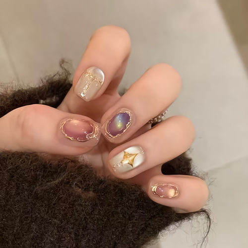 【原创】鎏金星芒~裸粉红金撞色魔镜金框高级感手工美甲