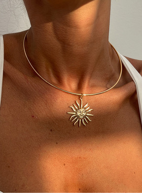 欧美跨境饰品 复古简约太阳吊坠锁骨链 时尚合金necklace颈链项圈