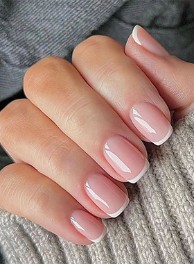 经典简约粉色法式白边短款欧方型美甲假指甲press on nails