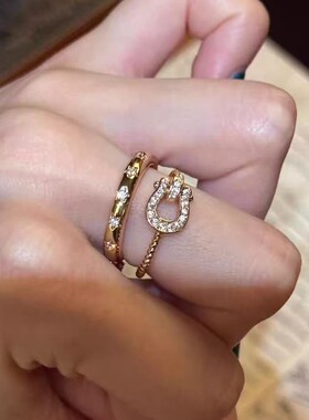 「老钱风」中古金色闪钻马蹄扣戒指韩系风简约气质叠戴食指戒