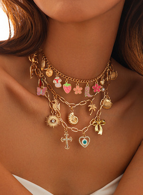 欧美跨境波西米亚重工链条叠戴项链海洋风人鱼贝壳小众necklace