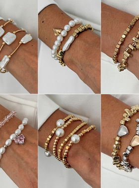 欧美串珠叠戴仿珍珠手链女爱心闪钻吊坠bracelet小众碎石手镯饰品