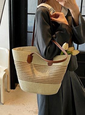 草编包海滩黑条纹新款休闲夏天单肩托特百搭包女士背包