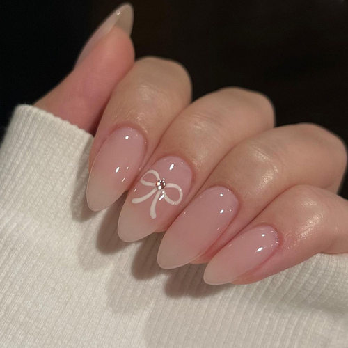 小红书简约白色蝴蝶结短款裸色ins美甲press o n nails