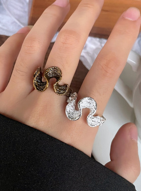 波浪大摆复古金饰品不掉色花纹指环女小众设计网红银戒指
