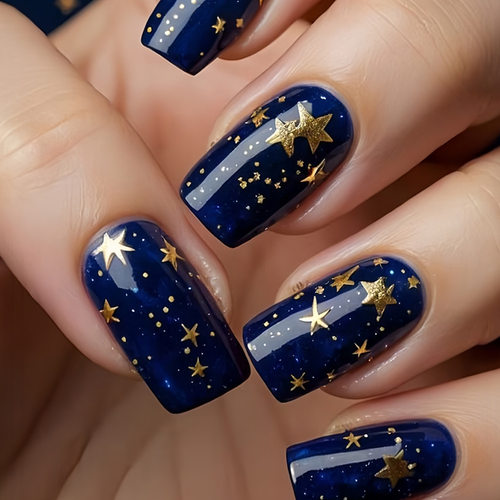 跨境24片中方甲金色星星繁星星空设计亮面高级假指甲nails