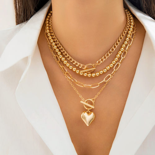 欧美嘻哈串珠套装necklace女士百搭几何OT扣短款爱心项链饰品