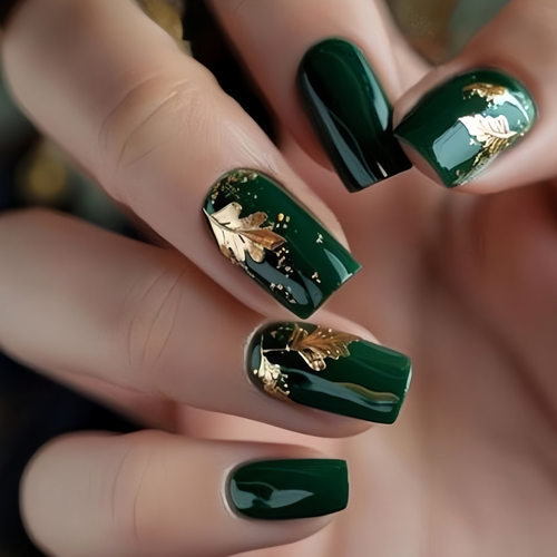 Ins风欧美绿底轻奢荧光金花欧方型假指甲片Nails美甲