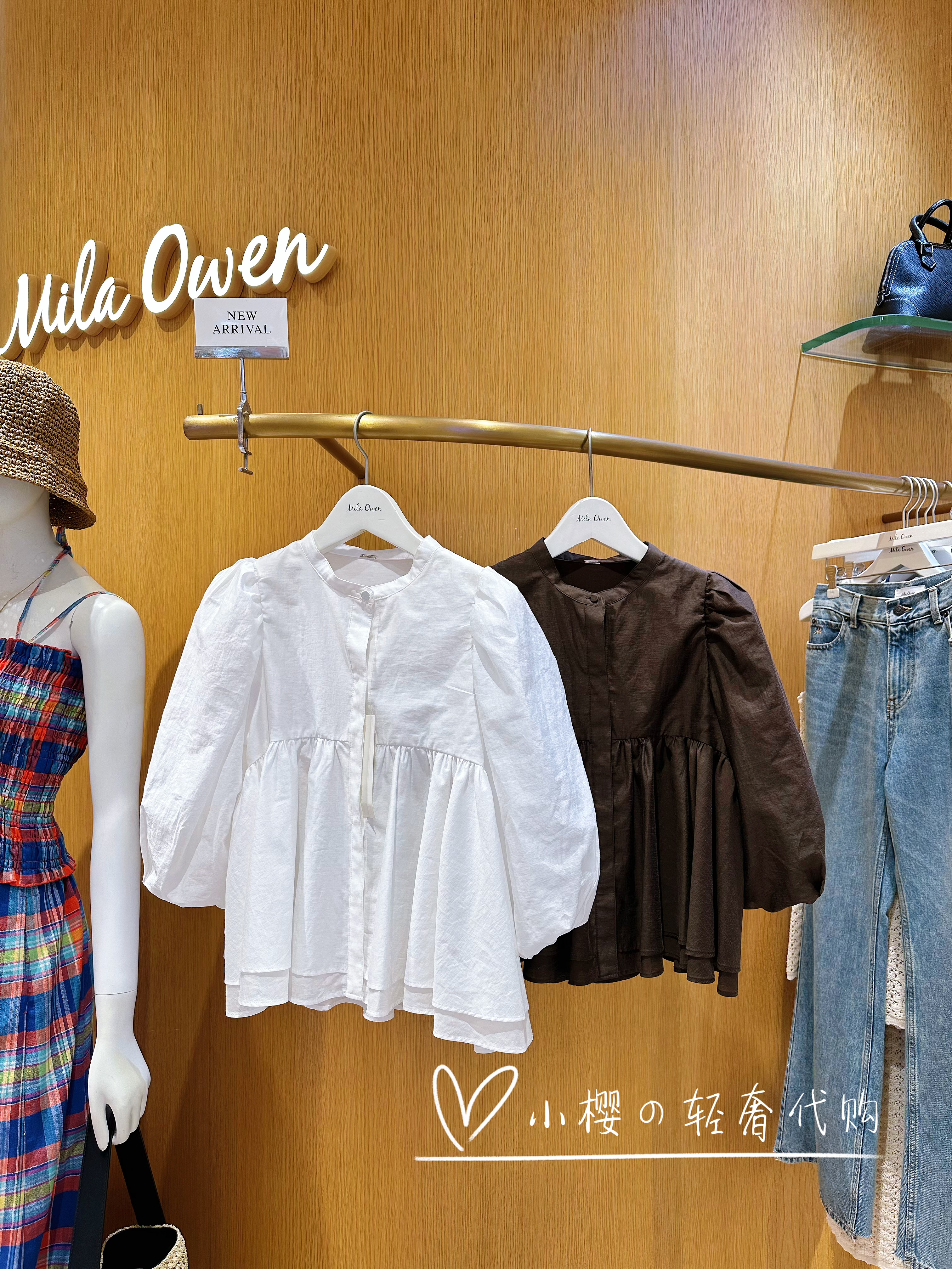 Milaowen26夏装新品棉质灯笼七分袖立领衬衫荷叶边打褶休闲上衣薄
