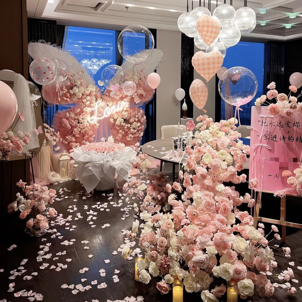 婚庆粉色网纱蝴蝶花艺求婚背景装饰巨型蝴蝶生日派对宴会布置摆件