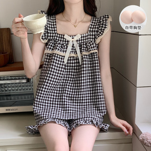家居服 泡泡棉睡衣女夏季 韩版 甜美格子小飞袖 带胸垫吊带短裤