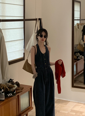 【YUXI严选】港风复古挂脖v领牛仔背心连体裤+薄款针织开衫套装