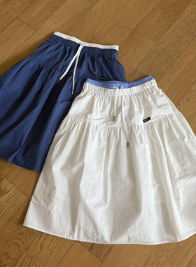 【YUXI严选】韩系双腰头早春清新百搭撞色格纹半身裙抽褶收腰