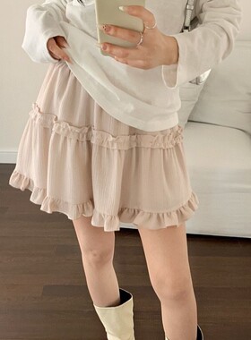 【YUXI严选】早春法式复古风木耳边层叠设计A字半身裙韩系