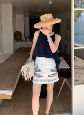 清仓特价169【YUXI 严选】背心+重工亚麻刺绣A字半身裙套装