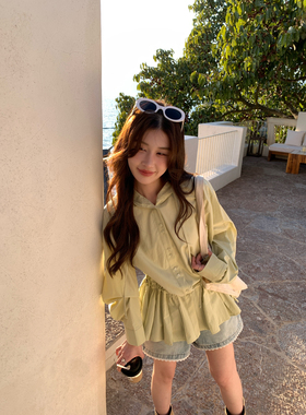 【YUXI严选】春上新韩系减龄百搭连帽下百褶中长款衬衫清新温柔