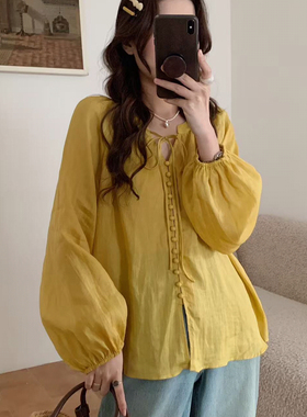 【YUXI严选】早春芭蕾雨苎麻温柔黄系带飘逸长袖上衣小衫气质百搭