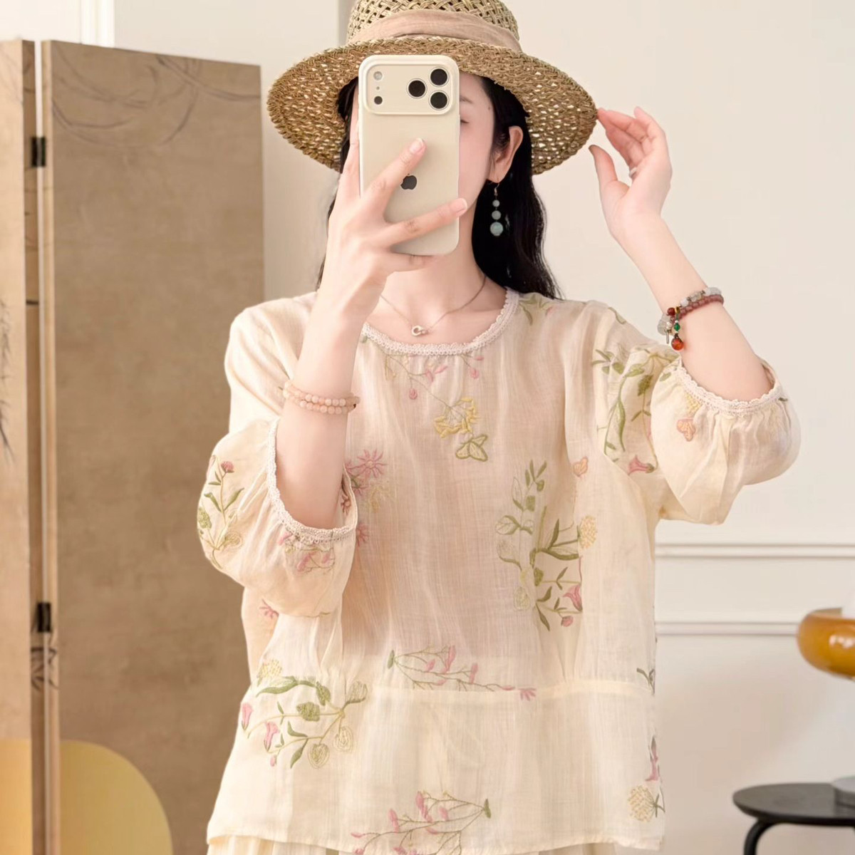 新中式复古印花苎麻宽松衬衫女