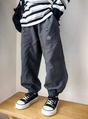 26春儿童防泼水灰色帐篷刺绣长裤中大童速干运动裤宽松男童女童裤