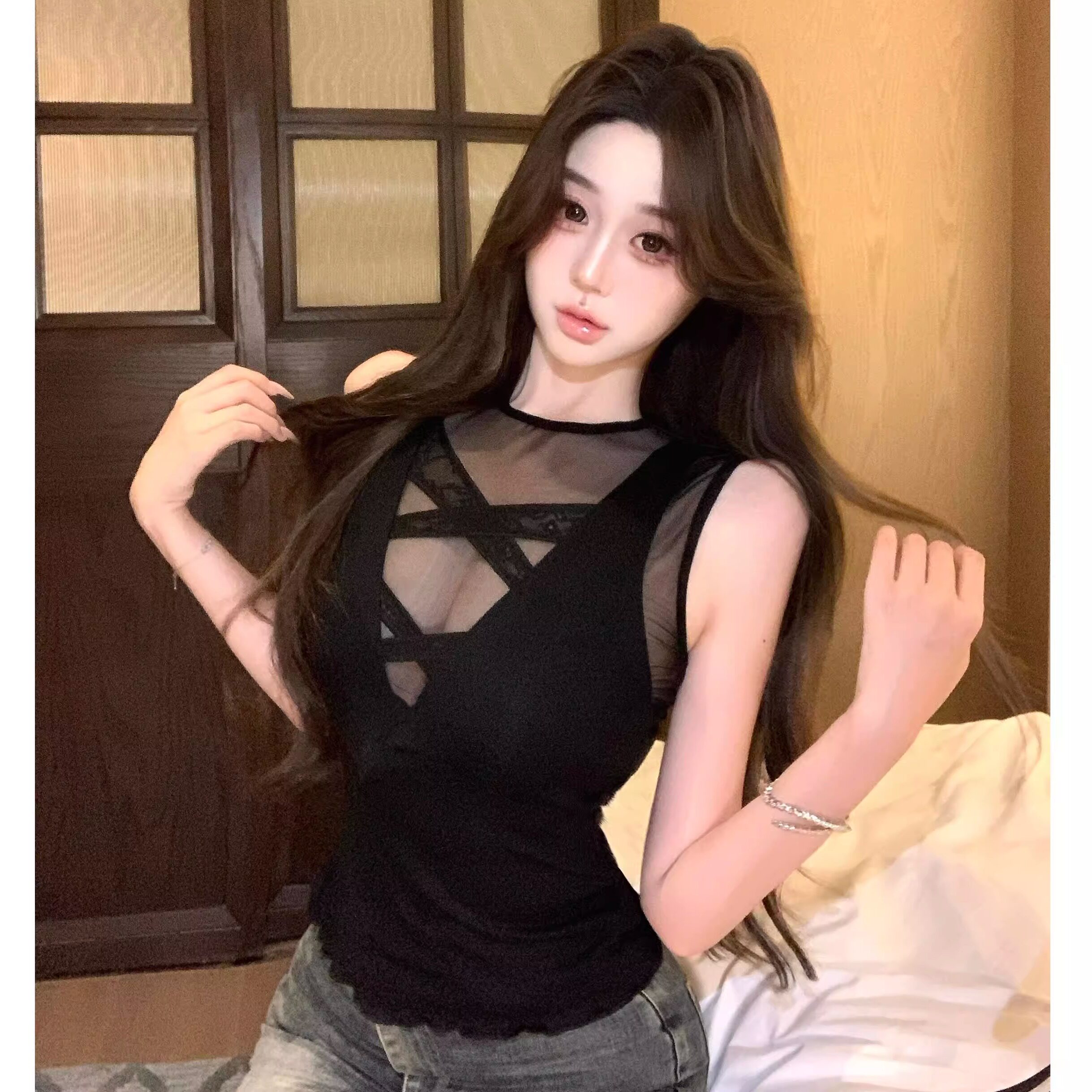 网纱拼接透视无袖背心女夏季辣妹性感黑色内搭吊带上衣叠穿两件套