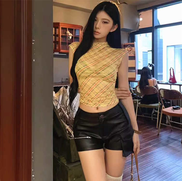 复古黄色格子半高领短袖T恤女