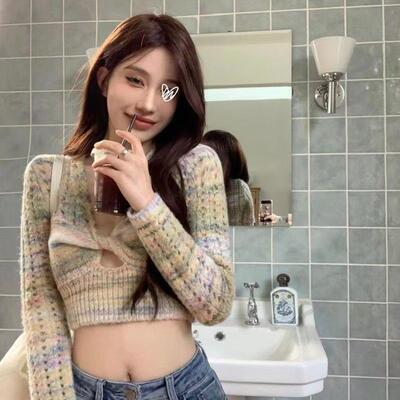 镂空扭结V领长袖针织衫女春季