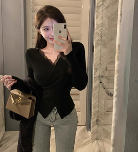 性感内搭黑色蕾丝交叉v领针织衫女冬季2023新款修身开叉短款上衣