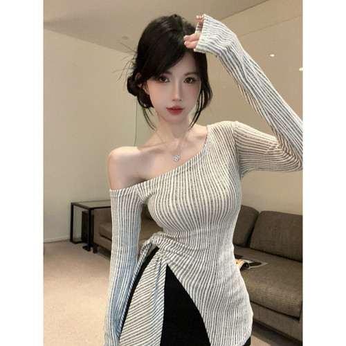 一字肩上衣女收腰显瘦早秋内搭