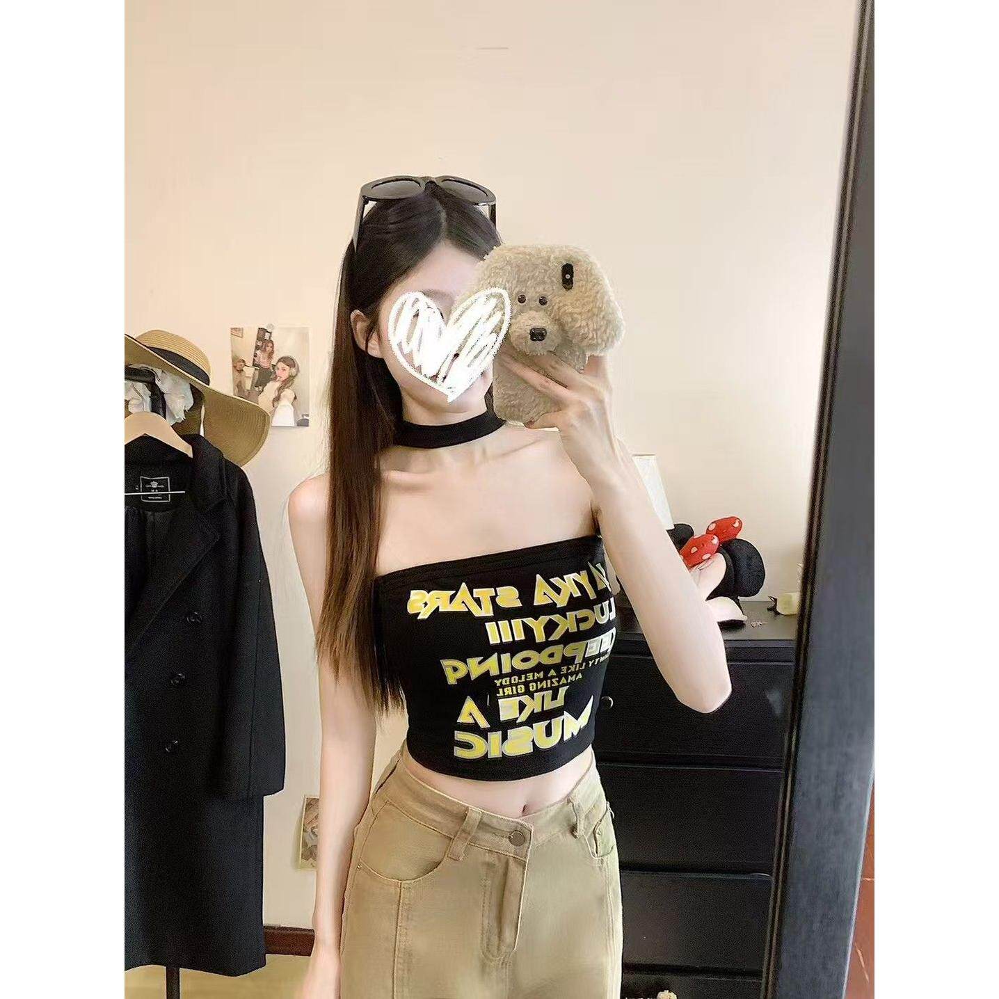 印花挂脖抹胸小上衣吊带露脐T恤