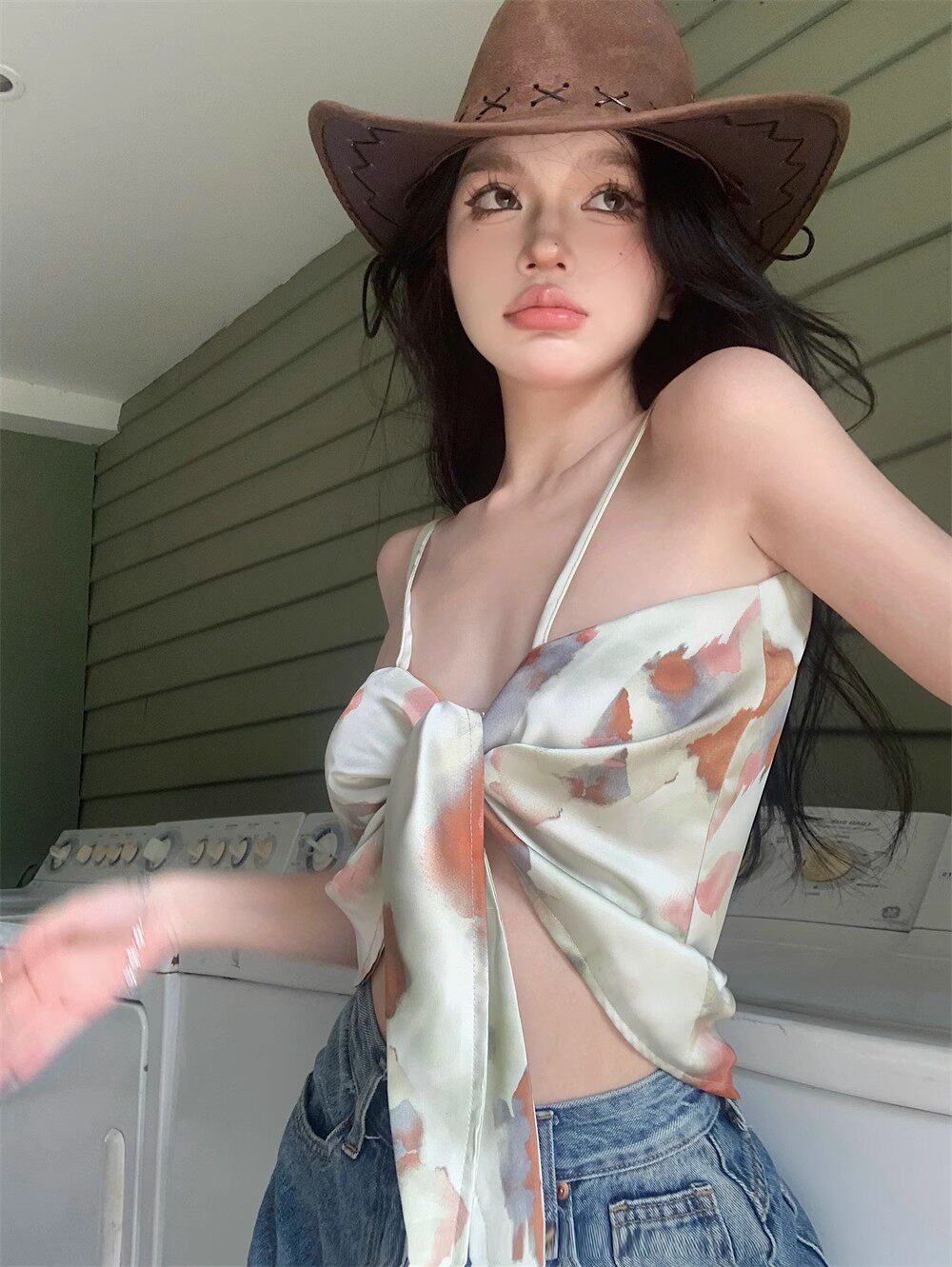 甜辣妹三角丝巾外穿扎染小吊带