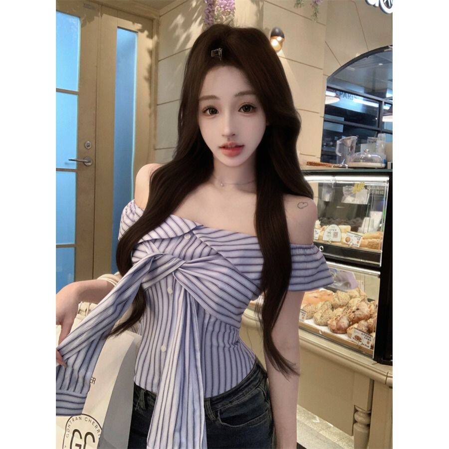 法式蓝色条纹一字肩衬衫女装