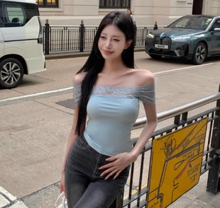 蕾丝拼接一字肩短袖 露肩上衣 T恤女夏季 紧身显瘦纯欲辣妹蓝色短款