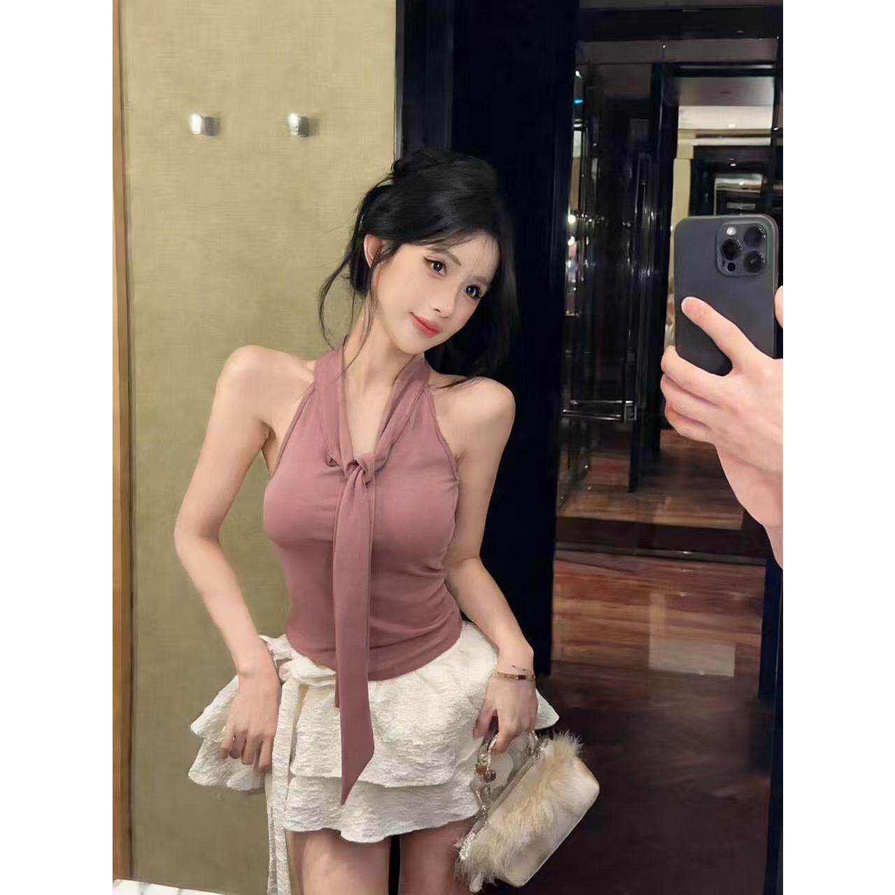 带胸垫飘带挂脖蕾丝上衣女夏季纯欲辣妹性感无袖吊带背心外穿