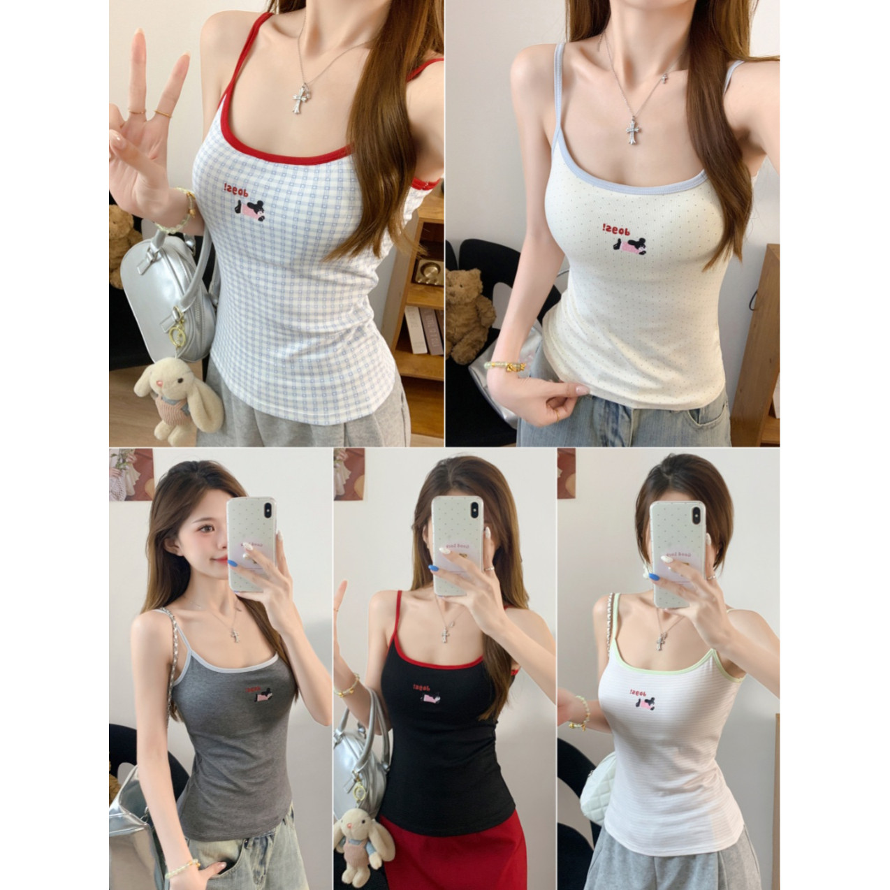 带胸垫甜辣妹撞色边卡通印花吊带背心女夏季修身显瘦内搭外穿上衣