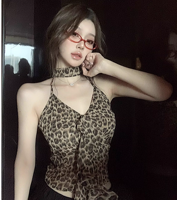 豹纹挂脖吊带背心修身无袖上衣