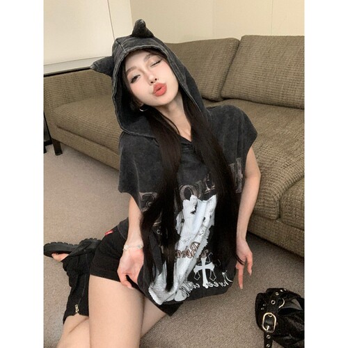 复古猫咪无袖连帽背心上衣女