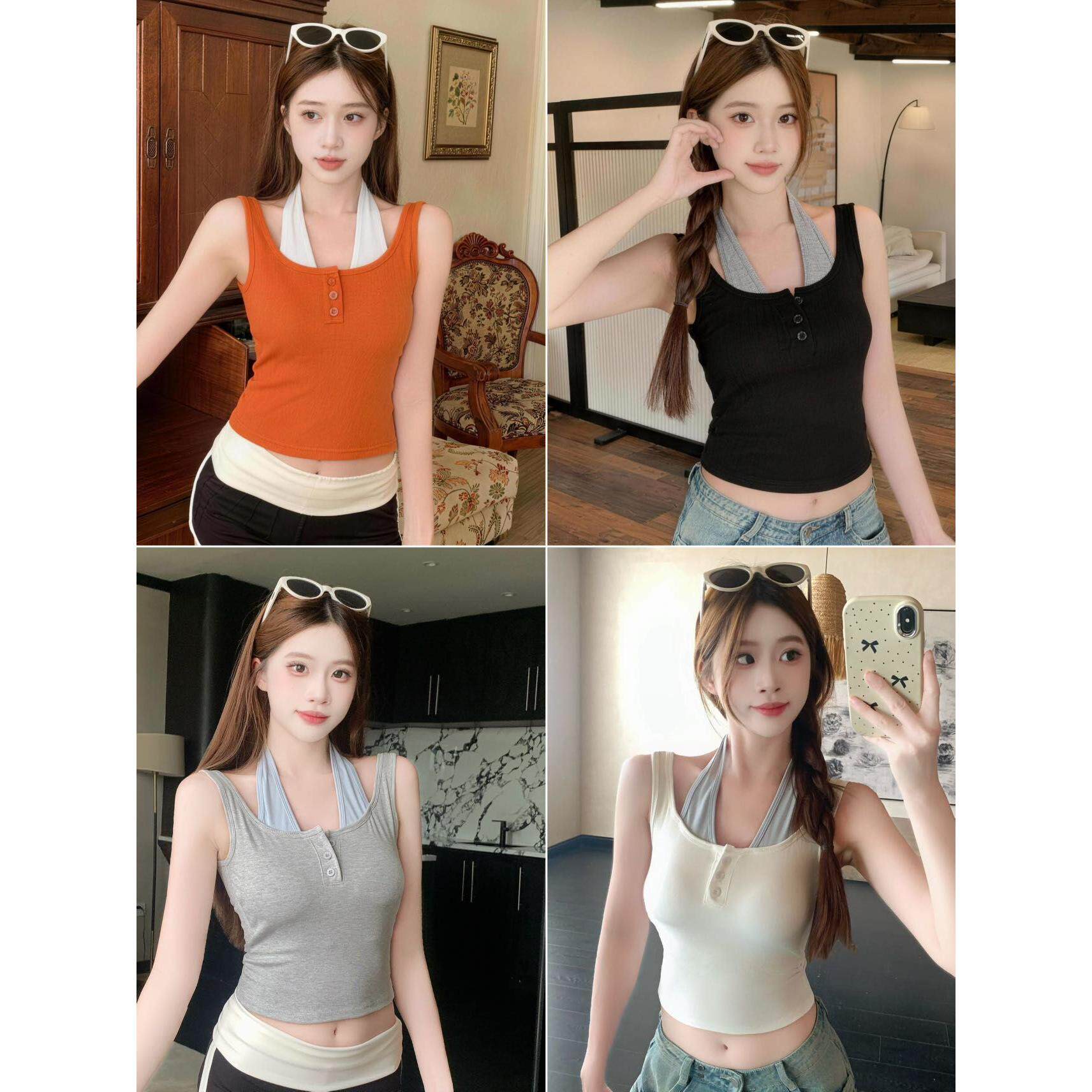 带胸垫 夏季假两件拼色挂脖半开领无袖吊带背心女泰式辣妹上衣