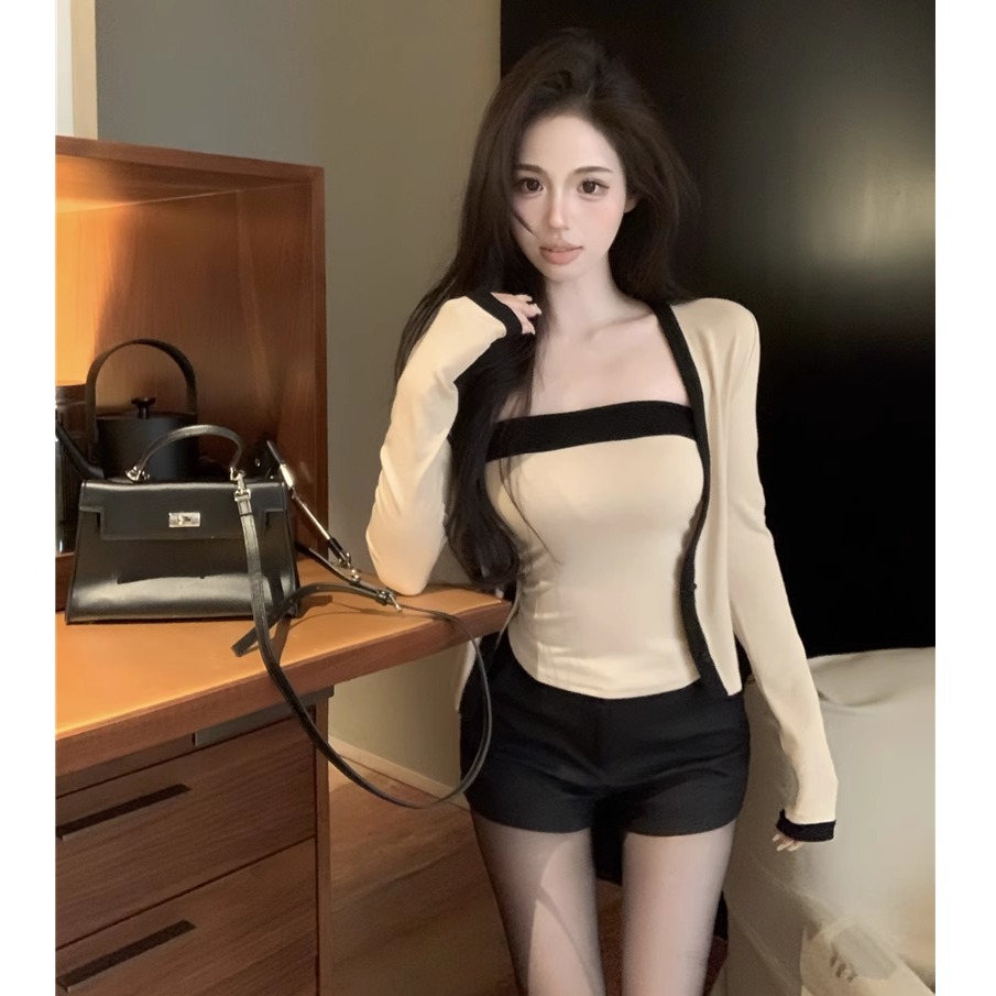 小香风针织开衫外套女秋冬纯欲辣妹抹胸上衣高级感内搭背心两件套