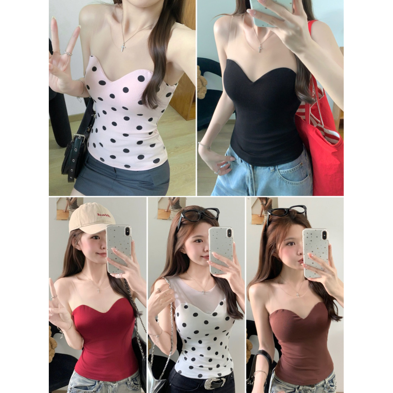 带胸垫夏季性感甜辣妹纯欲风波点抹胸外穿修身显瘦网纱背心上衣