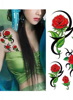 纹身贴防水女持久仿真手臂胸口锁骨遮疤痕贴纸图腾红色玫瑰满花