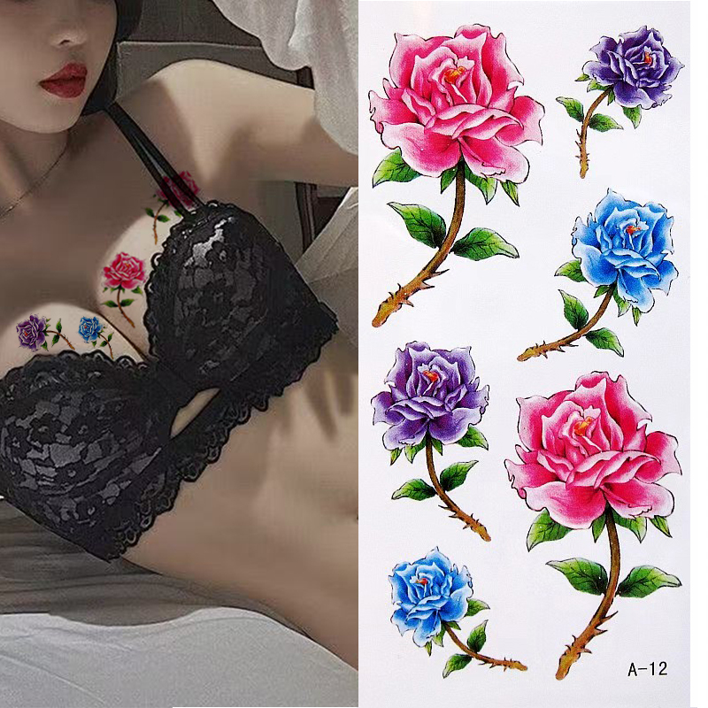 纹身贴防水女持久仿真性感玫瑰花朵遮瑕疤痕胸部锁骨小张小图案