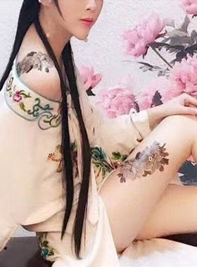纹身贴纸女防水出口欧美大张大图案黑色牡丹花满10元包邮满就送