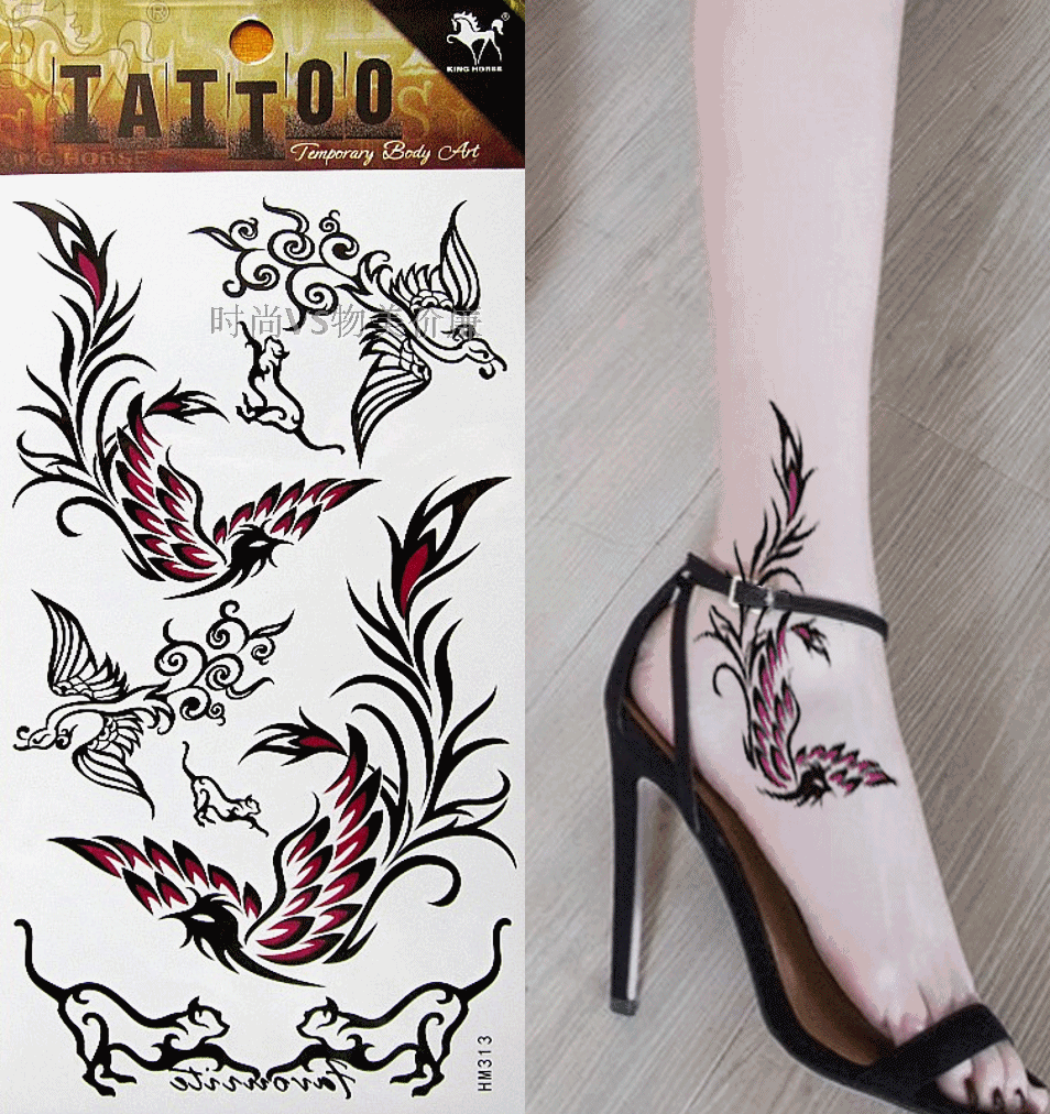 脚踝纹身贴防水 女 凤凰黑白图腾暂时纹身一次性持久满5张包邮