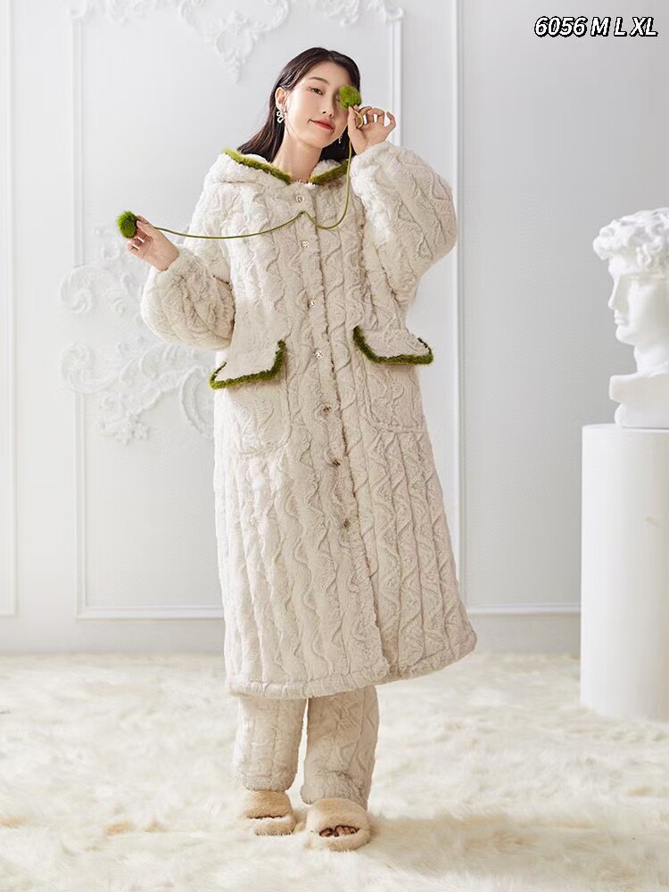 冬季新品弘棉6056舒适休闲兔毛绒夹棉加厚保暖女士套装家居服睡衣