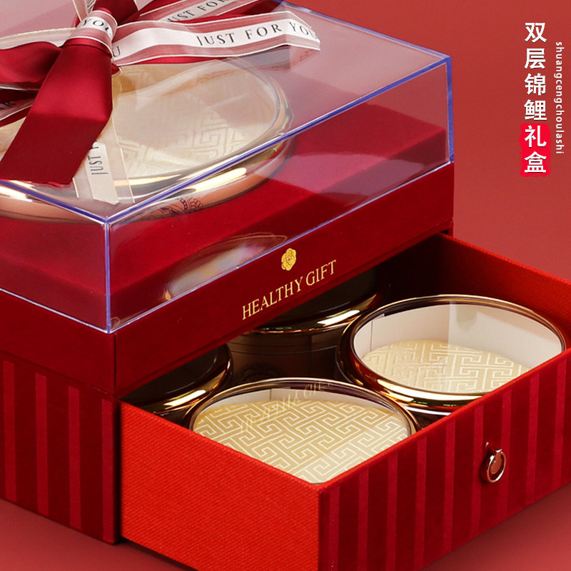 亚克力盖红色双层五拼礼盒高档双拼西洋参片燕窝鹿茸礼品盒空盒子