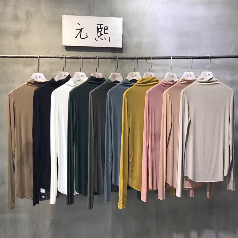 元熙 2018新款女装上衣打底衫长袖秋季纯色莫代尔半高领黑色T恤