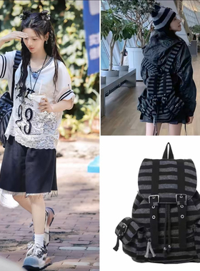 tensedance杨超越Newjeans平替同款机能风羊毛条纹双肩包背包