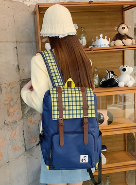 HELLOSUPPLY新款古着复古黄色格子拼接蓝色帆布原创大容量双肩包